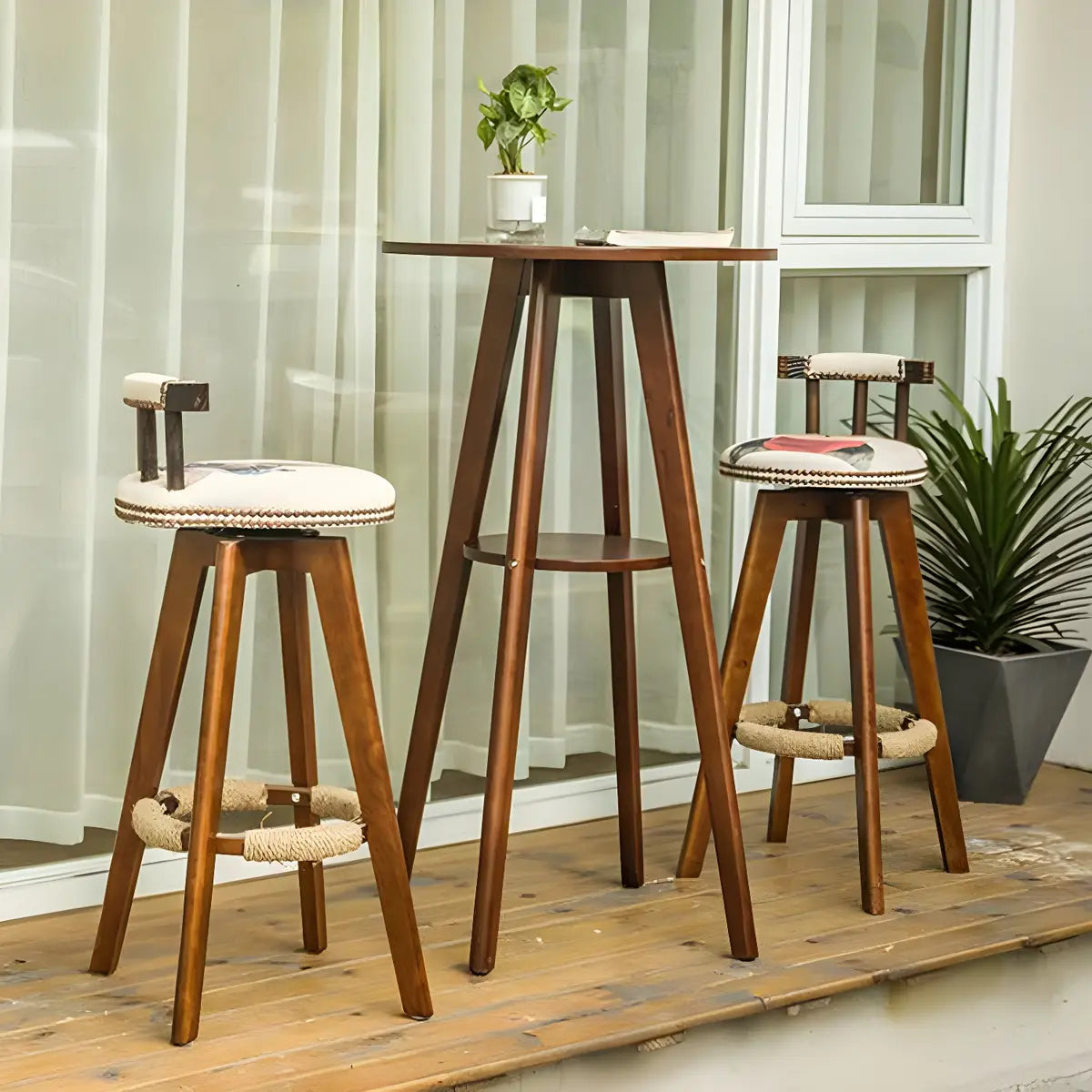 Small Natural Round Rubberwood Bar Table with Storage Image - 7