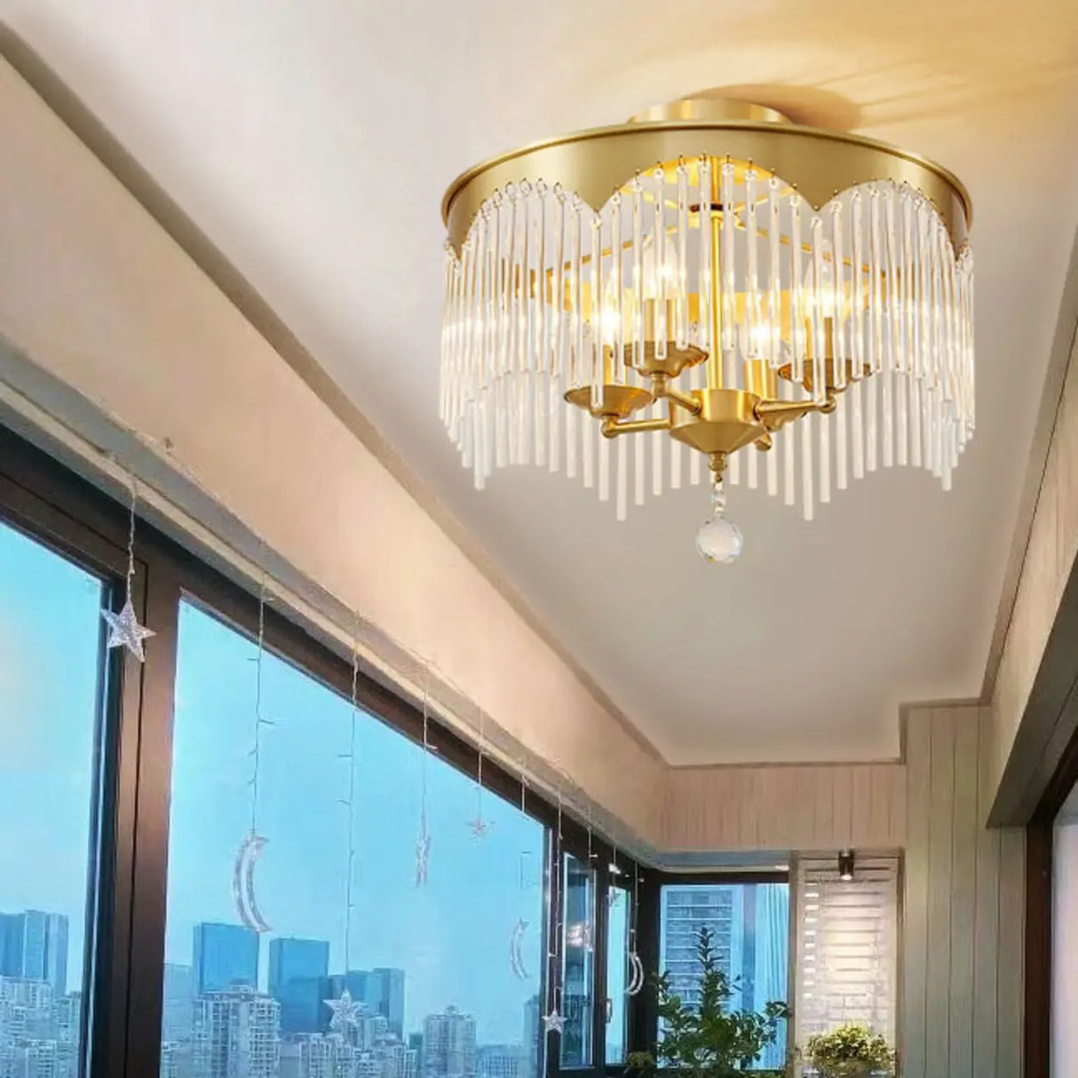 Small Round Glass Strip Semi-Flush Mount Ceiling Light Image - 3