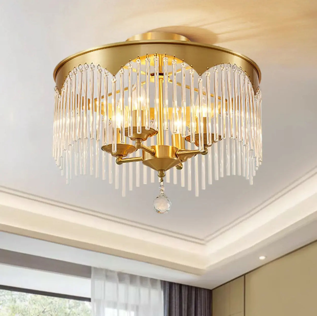 Small Round Glass Strip Semi-Flush Mount Ceiling Light Image - 9