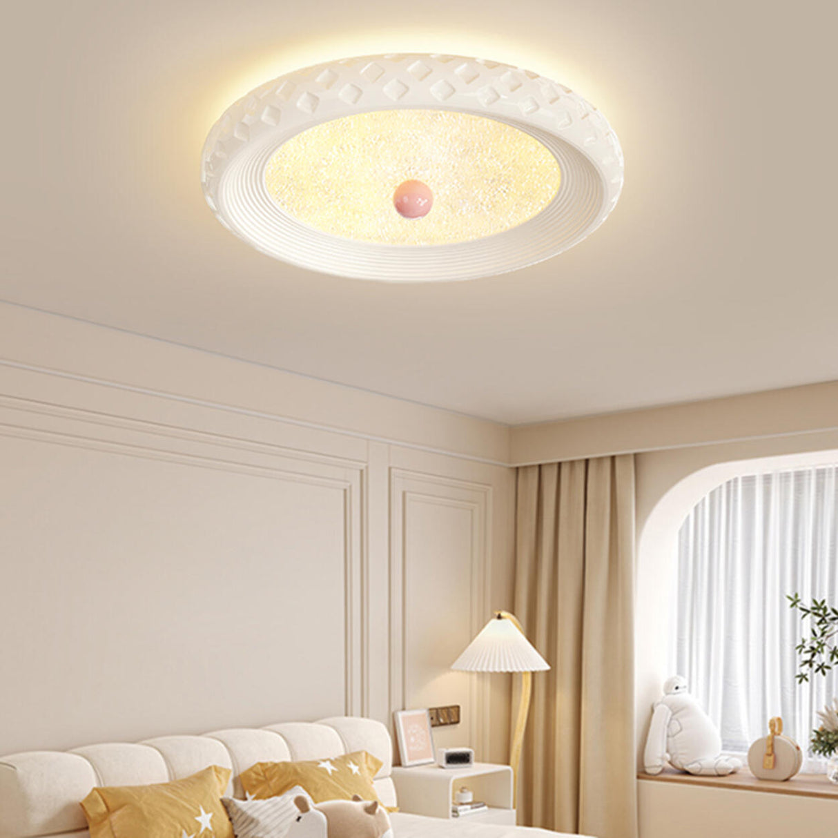 Small Trendy Pink Round Flush Mount Ceiling Light Image - 4