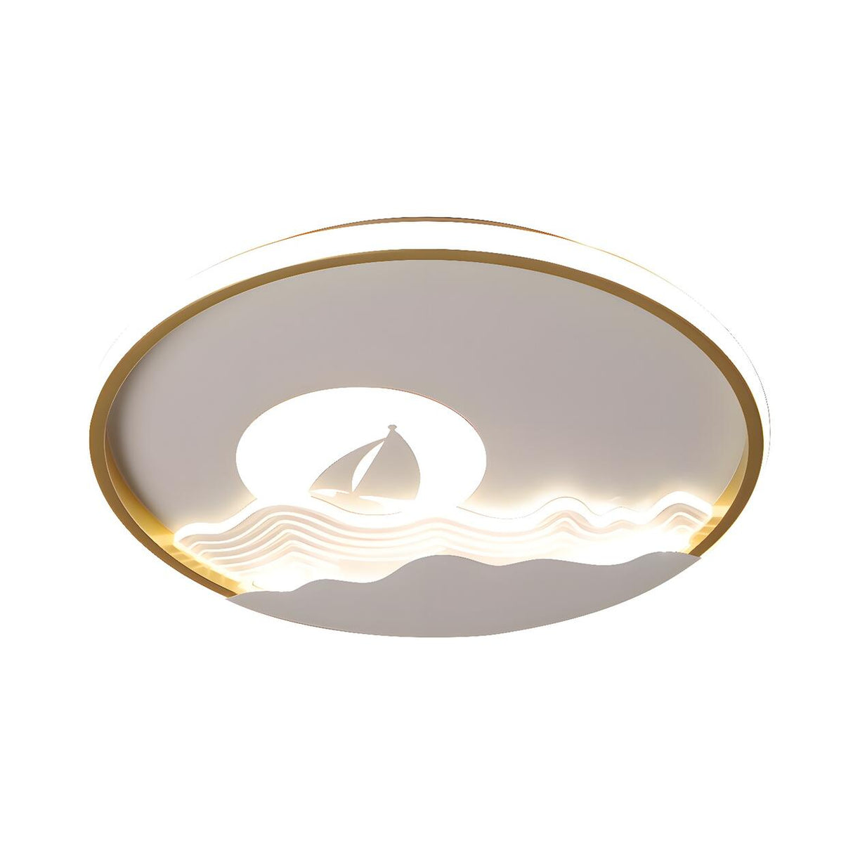 Small White Sailing Boat Round LED Flush Mount Light Image - 3