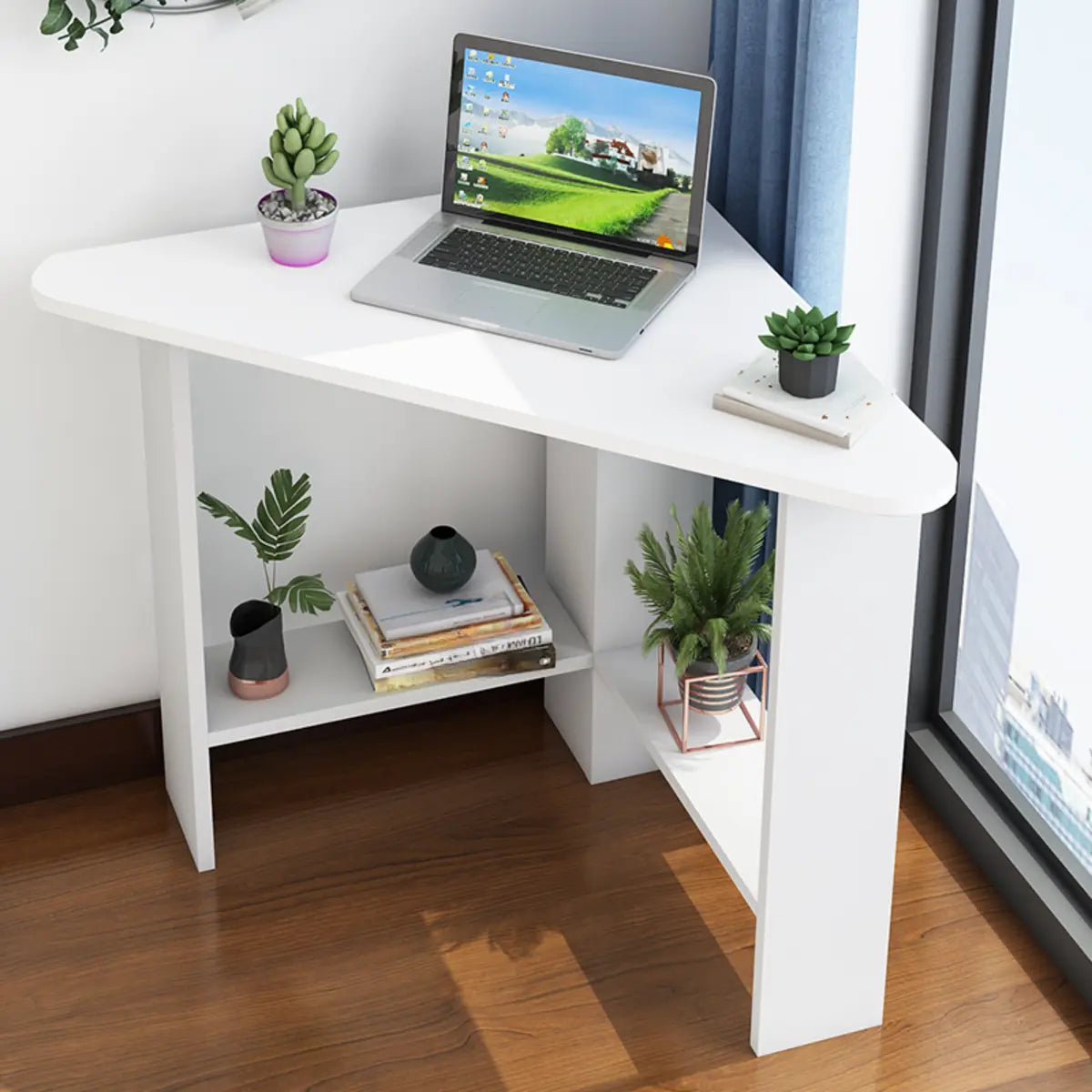 Small Wood Exterior Shelf Triangle Corner Computer Desk Image - 4