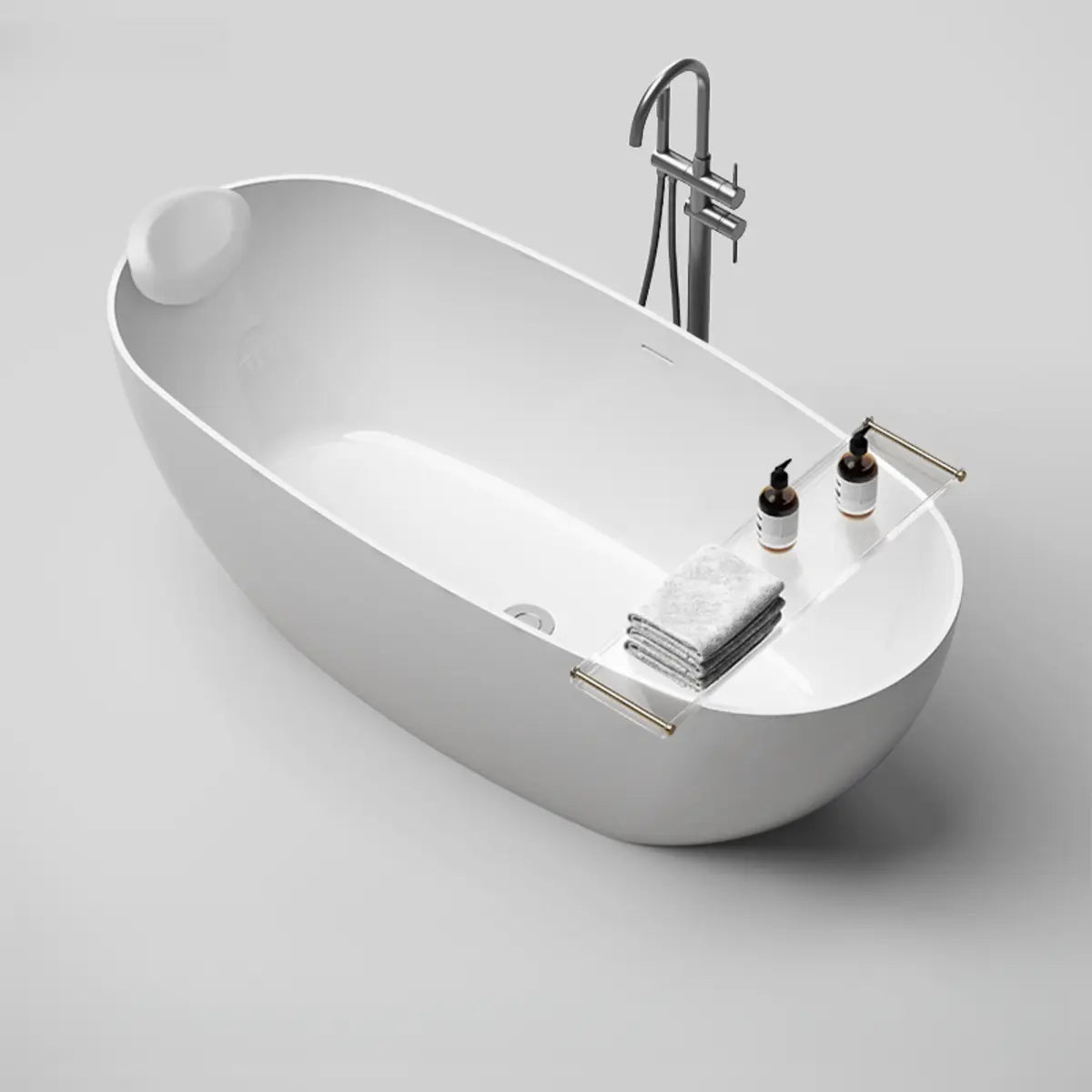 Soaking Oval Freestanding Acrylic Gloss White Bathtub Image - 13