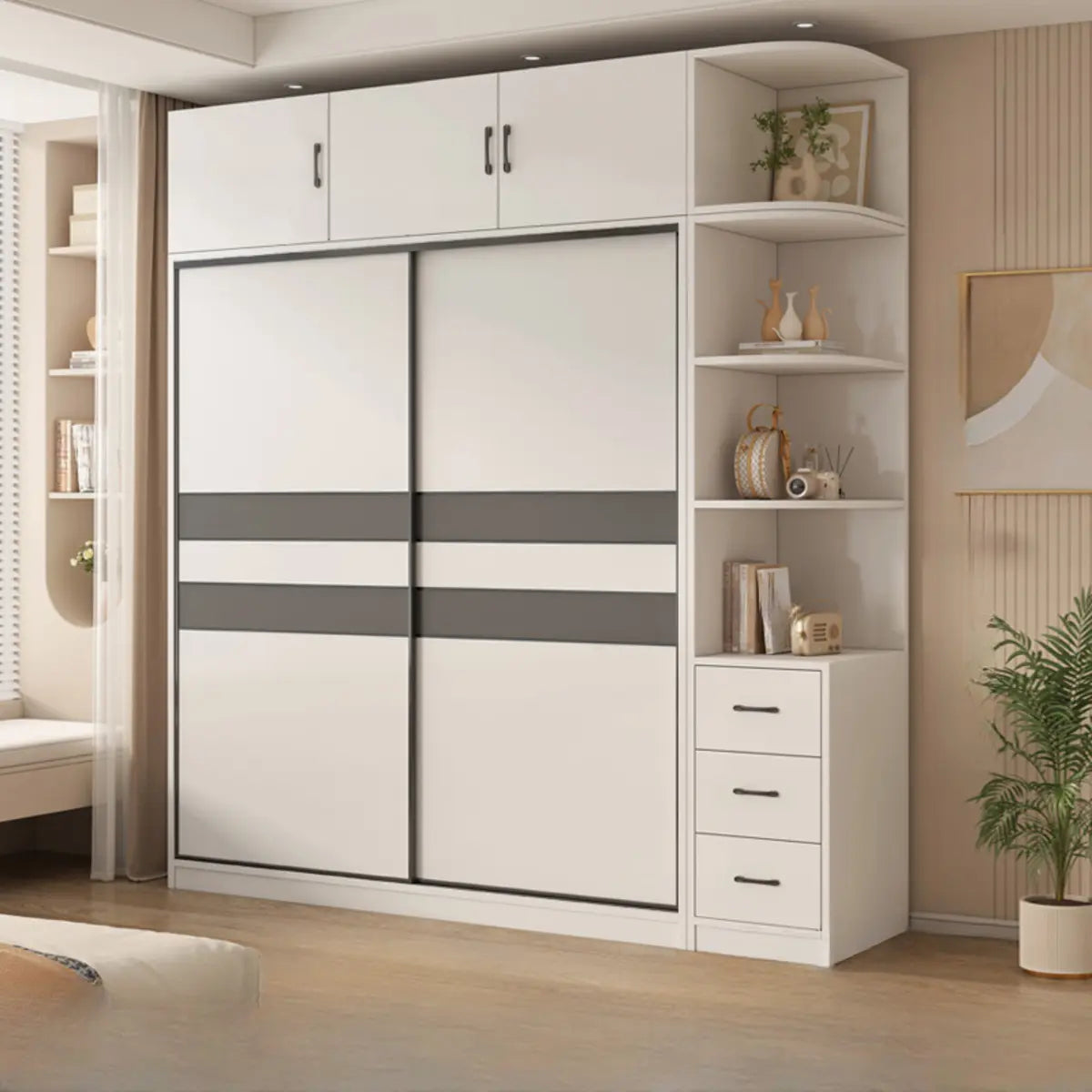 Soft Close Cabinet Door Wood White Large Sliding Wardrobe Image - 9