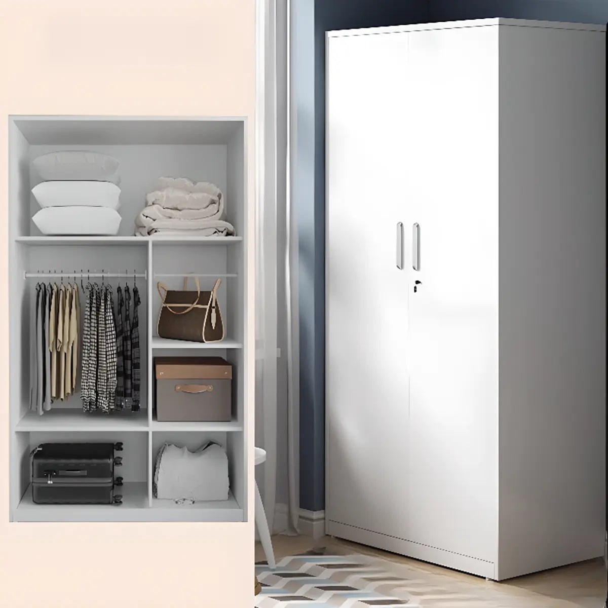 Soft Close Iron White Large Armoire with Shelves and Lock Image - 10