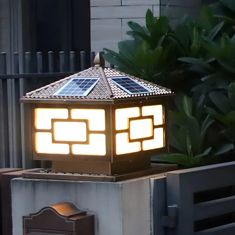 Solar Chinese Style Square Garden Lantern Brown Lamp Image - 1