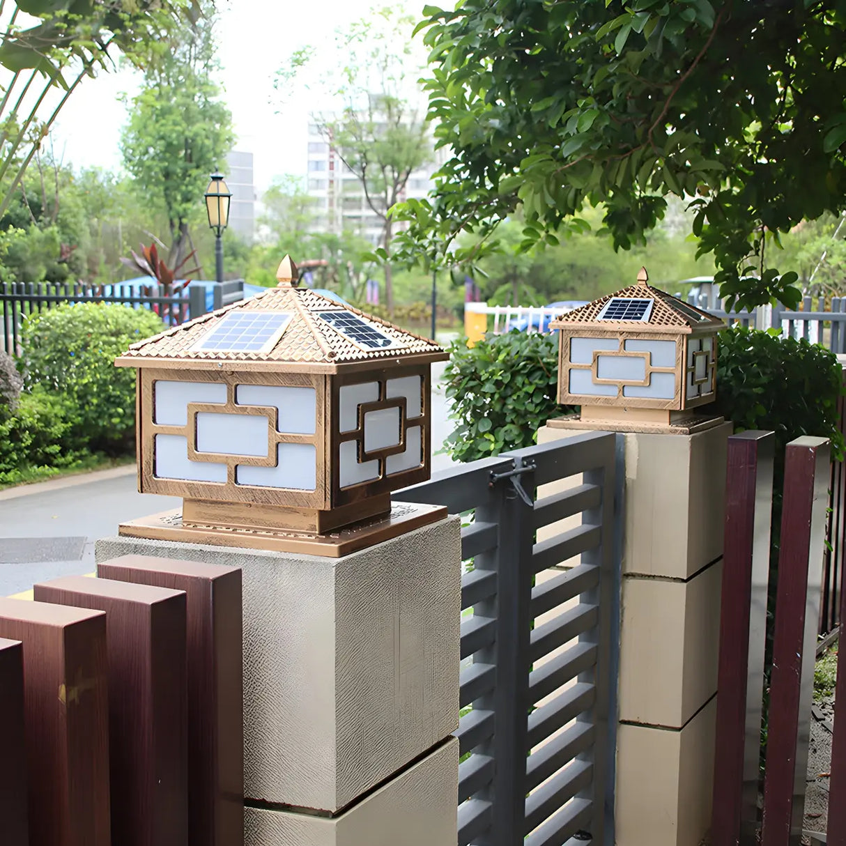 Solar Chinese Style Square Garden Lantern Brown Lamp Image - 11