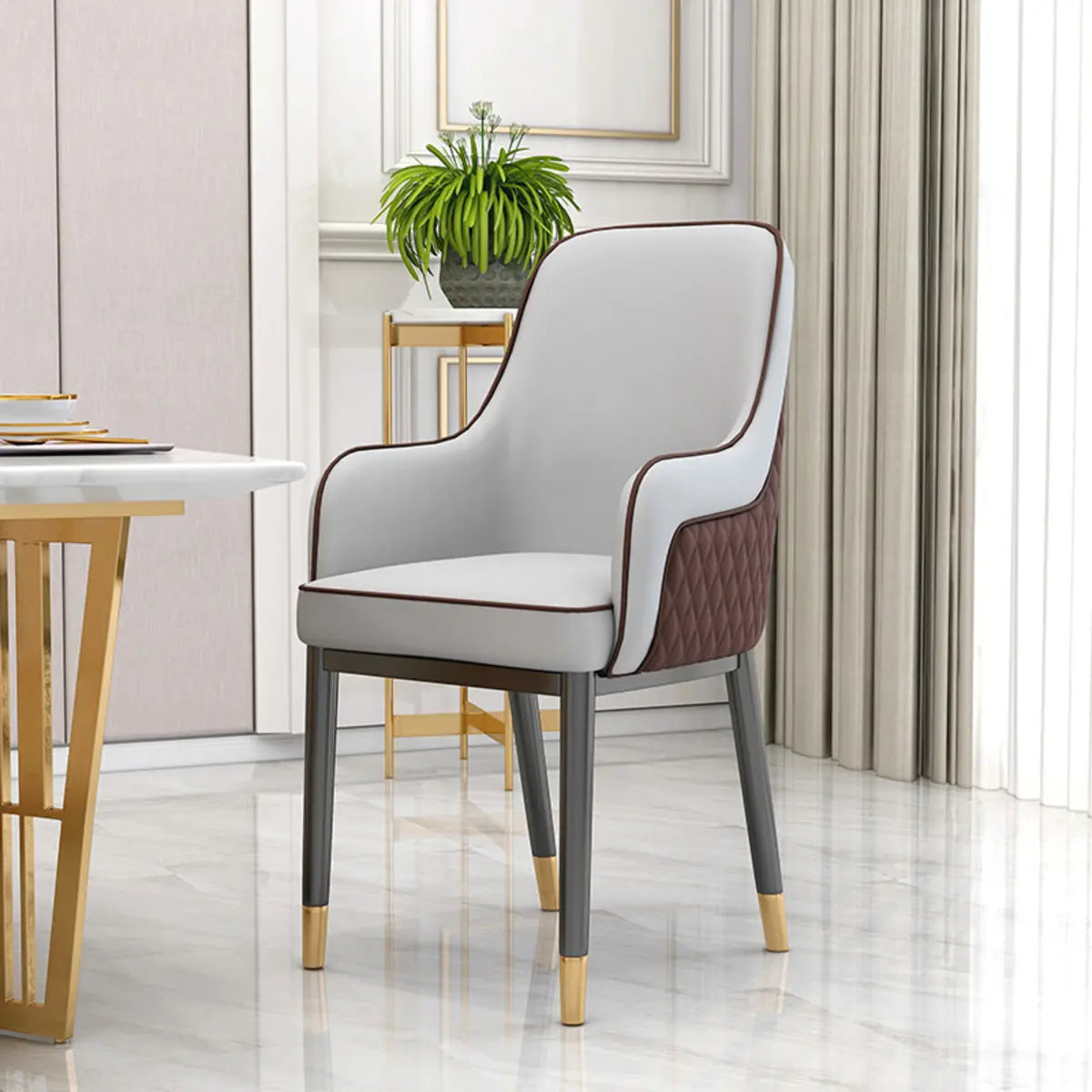 Solid Back Leather Upholstered Arm Dining Chair Gray Image - 1