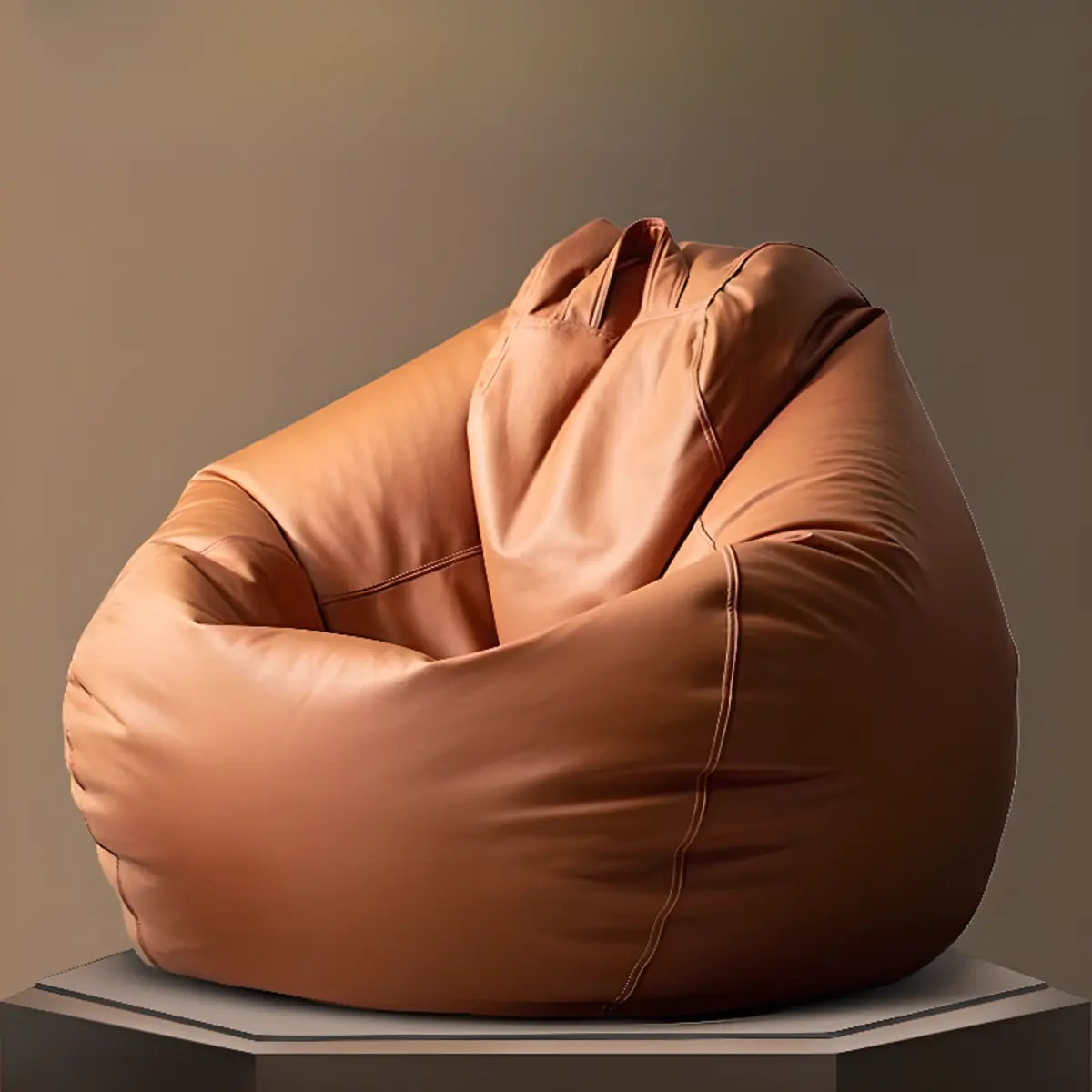 Solid Color Brown Large Round Leather Bean Bag with Storage Image - 1