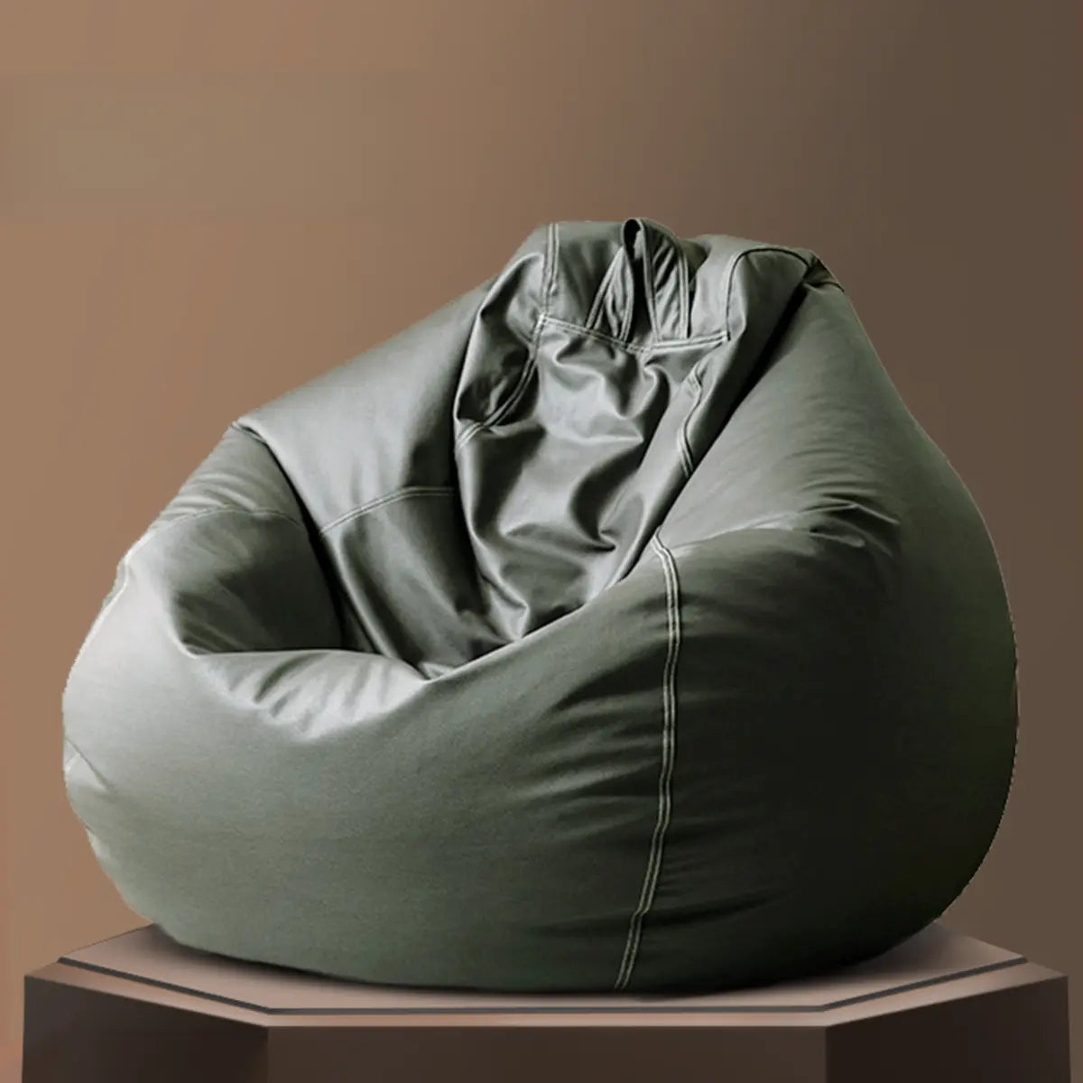 Solid Color Brown Large Round Leather Bean Bag with Storage Image - 13