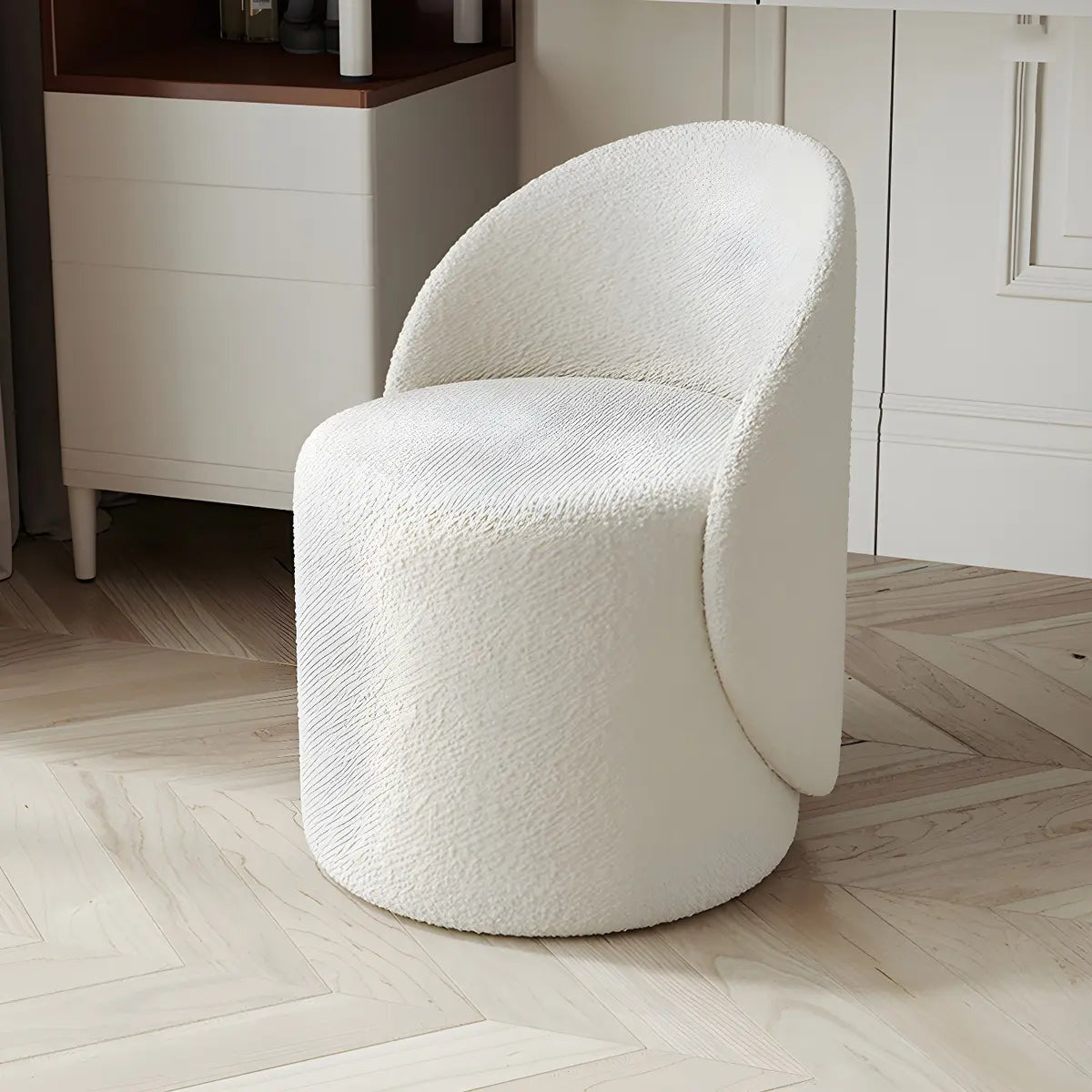 Solid Color White Round Wool Vanity Stool with Backrest Image - 14