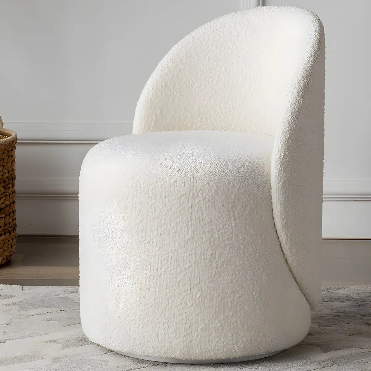 Solid Color White Round Wool Vanity Stool with Backrest Image - 4