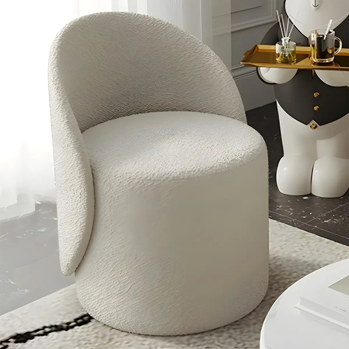 Solid Color White Round Wool Vanity Stool with Backrest Image - 6