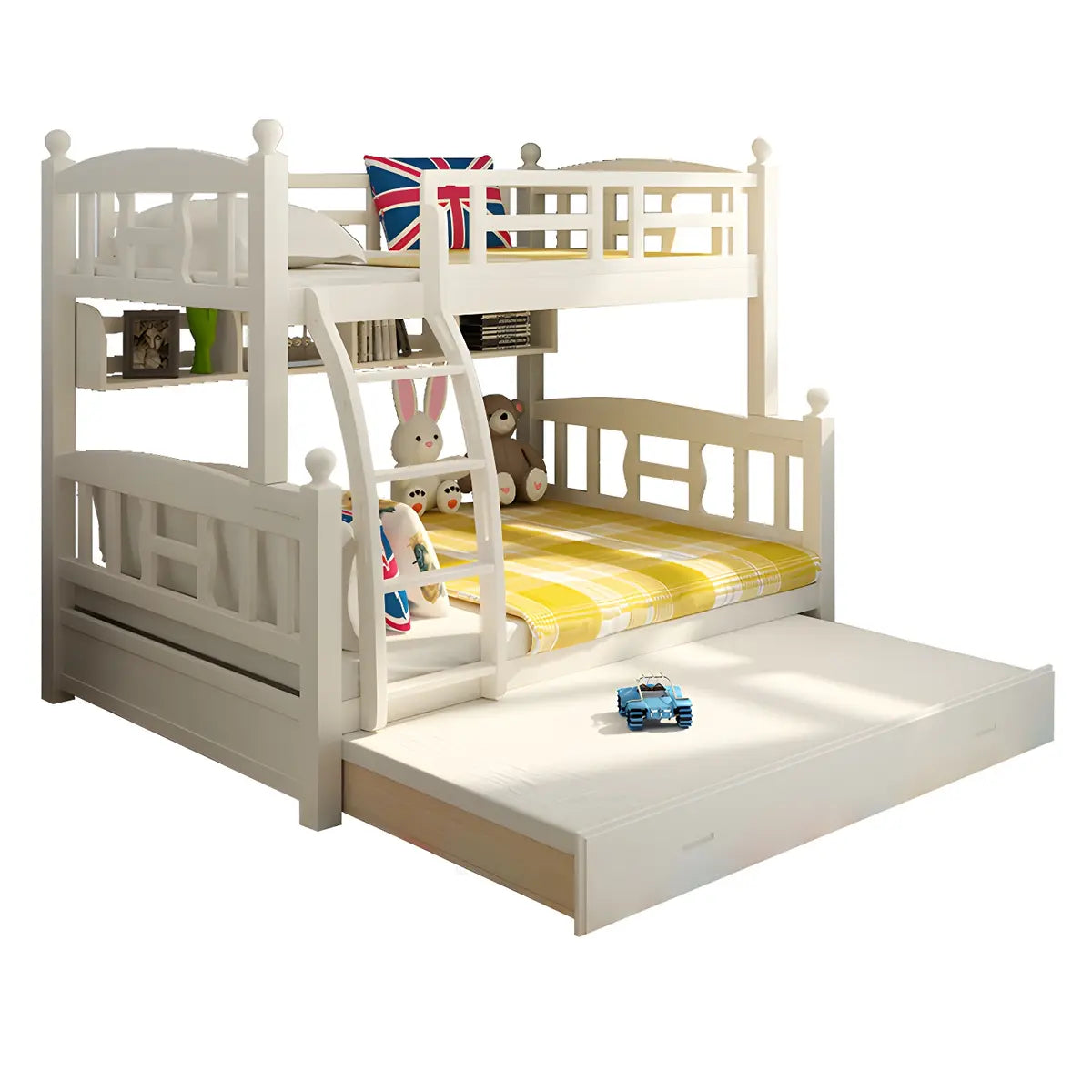 Solid Pine Wood White Bunk Bed with Guardrail and Mattress Image - 10