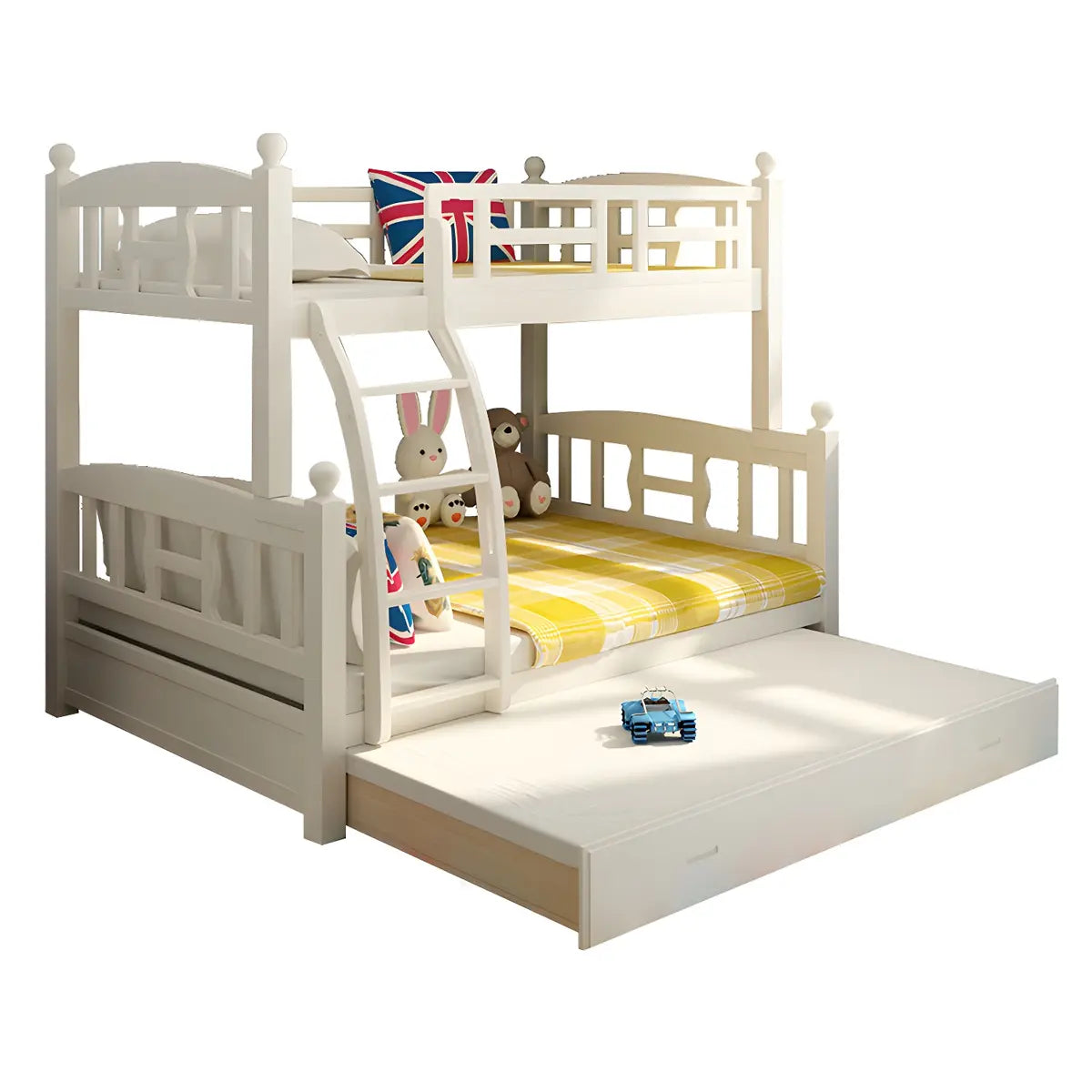 Solid Pine Wood White Bunk Bed with Guardrail and Mattress Image - 2