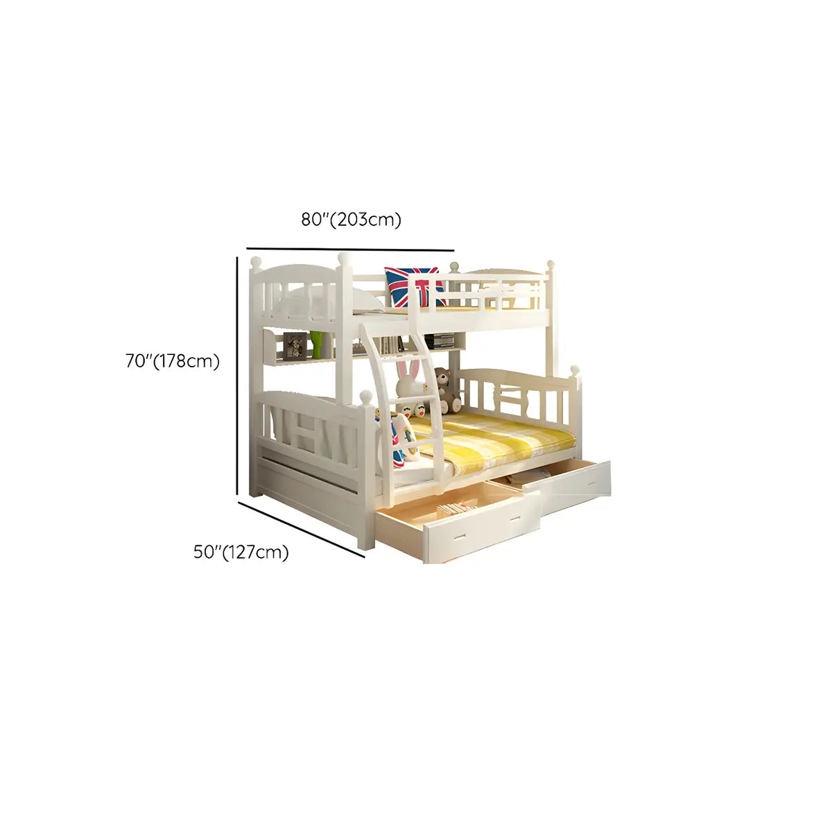 Solid Pine Wood White Bunk Bed with Guardrail and Mattress Image - 21