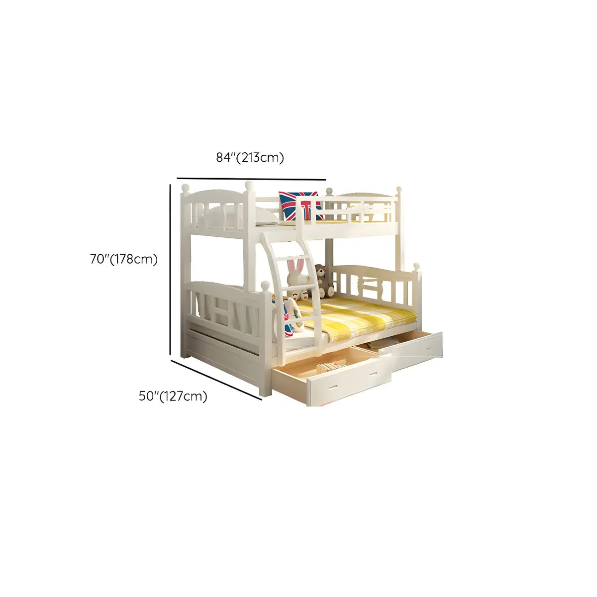 Solid Pine Wood White Bunk Bed with Guardrail and Mattress Image - 25