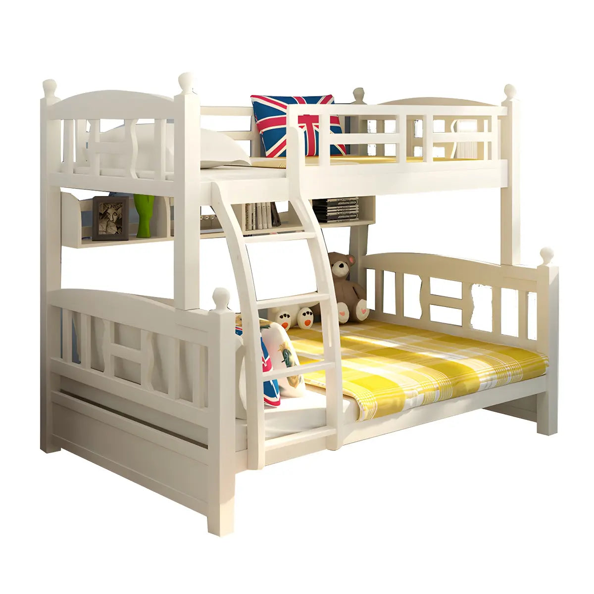 Solid Pine Wood White Bunk Bed with Guardrail and Mattress Image - 5