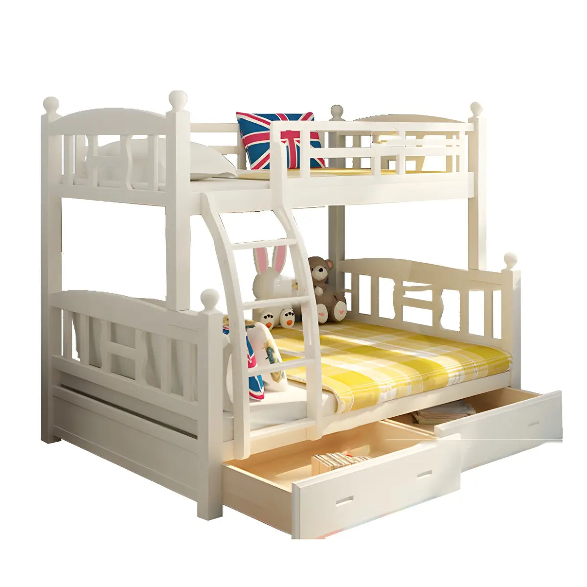 Solid Pine Wood White Bunk Bed with Guardrail and Mattress Image - 7