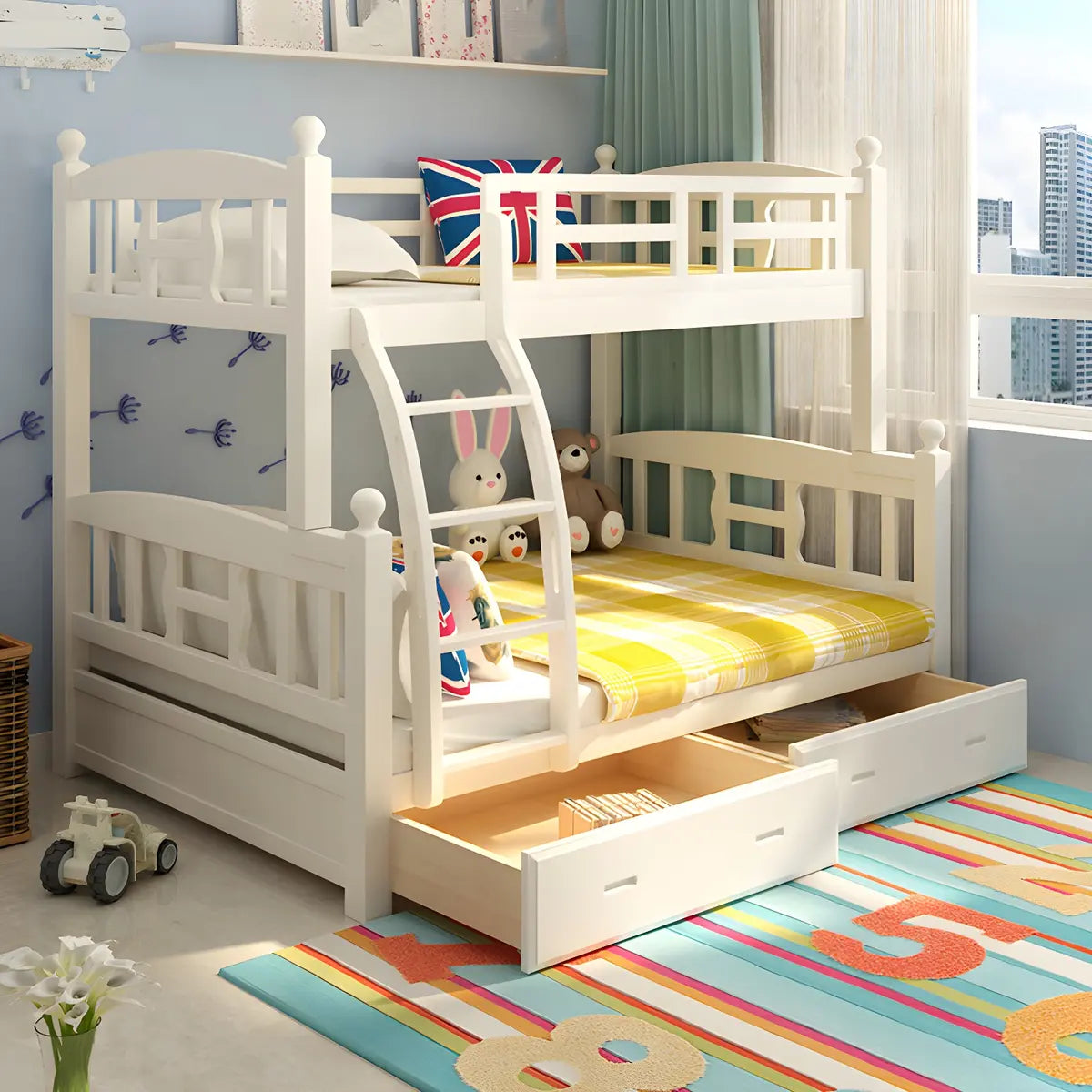 Solid Pine Wood White Bunk Bed with Guardrail and Mattress Image - 8