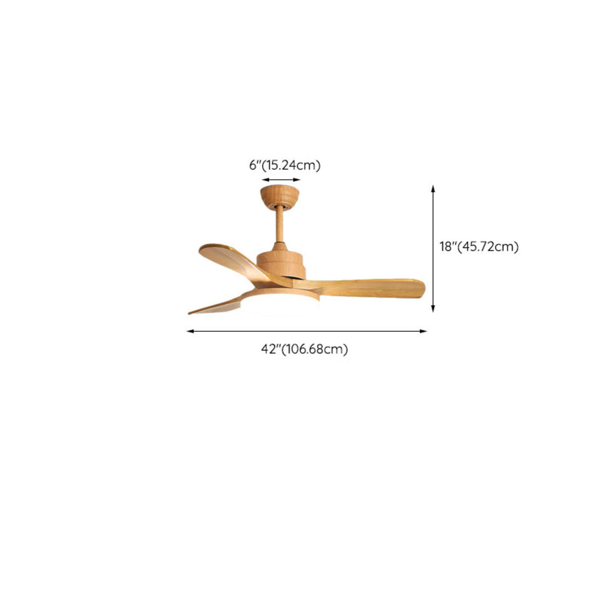 Solid Wood 3 Blades Drop Rod Ceiling Fan with LED Light 