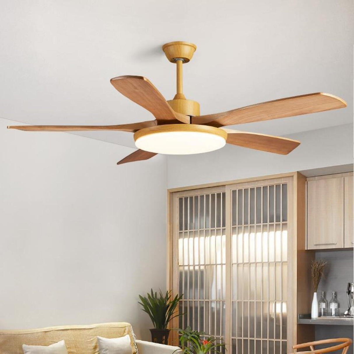 Solid Wood 3 Blades Drop Rod Ceiling Fan with LED Light Image - 2