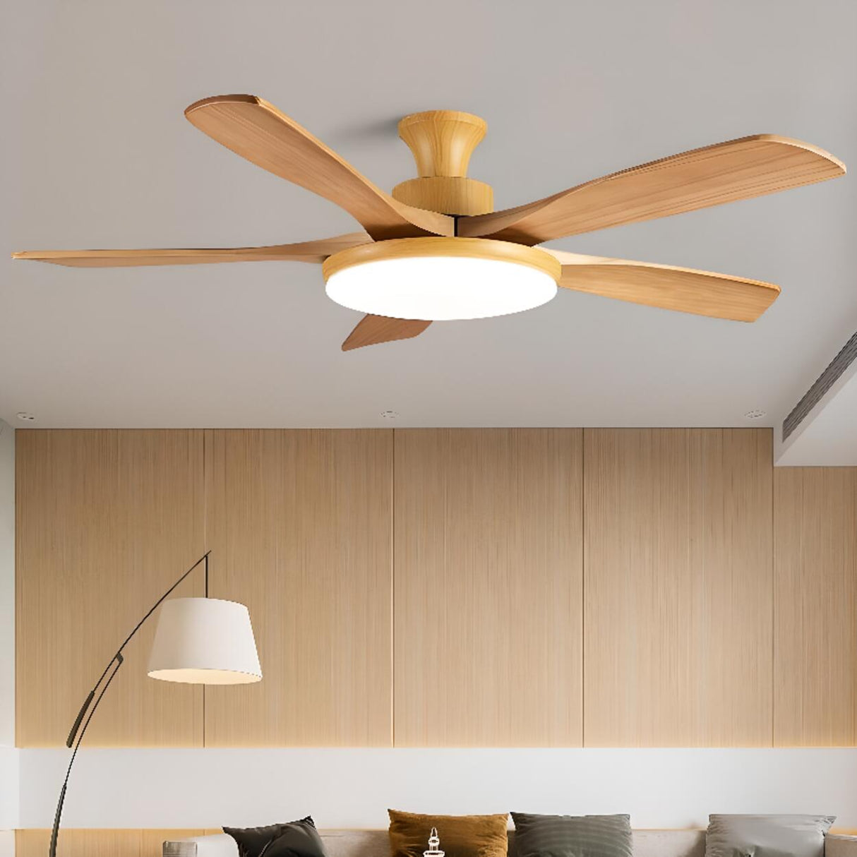 Solid Wood 3 Blades Drop Rod Ceiling Fan with LED Light Image - 4