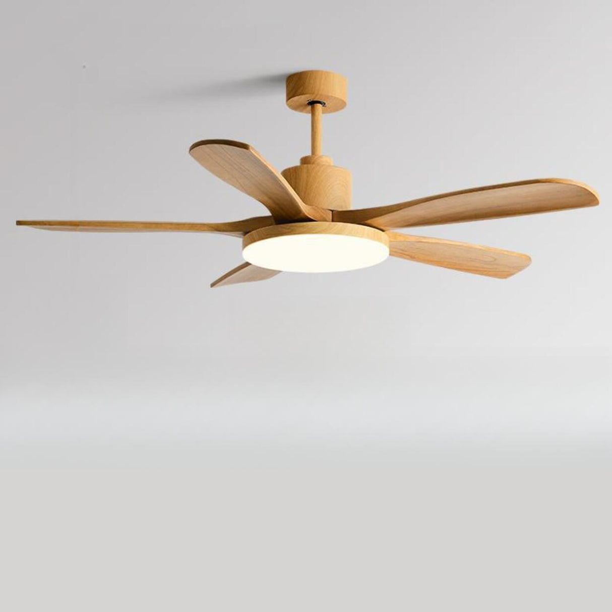 Solid Wood 3 Blades Drop Rod Ceiling Fan with LED Light Image - 7