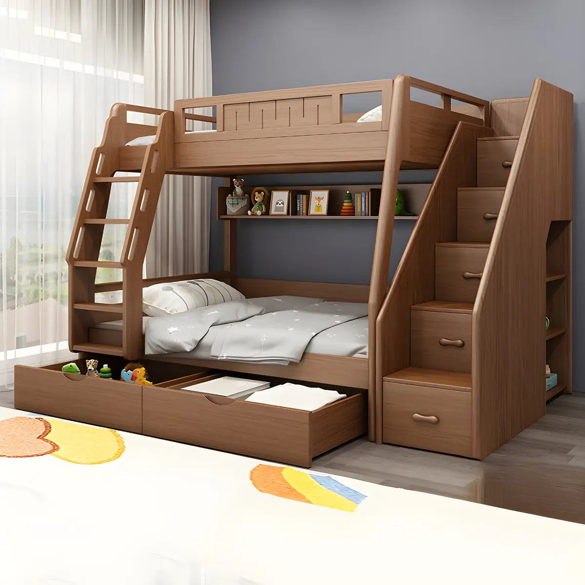 Solid Wood Natural Finish Lift Up Storage Bunk Bed Image - 11