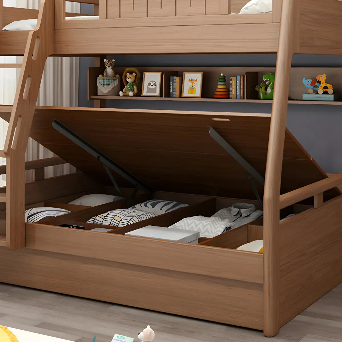 Solid Wood Natural Finish Lift Up Storage Bunk Bed Image - 12