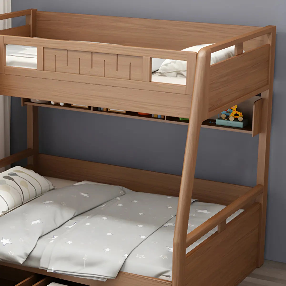 Solid Wood Natural Finish Lift Up Storage Bunk Bed Image - 15