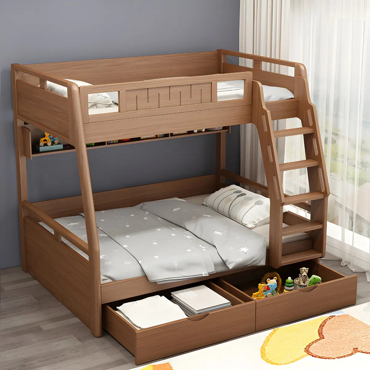 Solid Wood Natural Finish Lift Up Storage Bunk Bed Image - 4