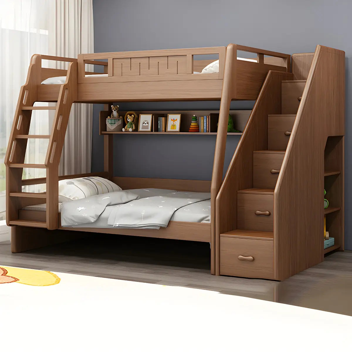 Solid Wood Natural Finish Lift Up Storage Bunk Bed Image - 5