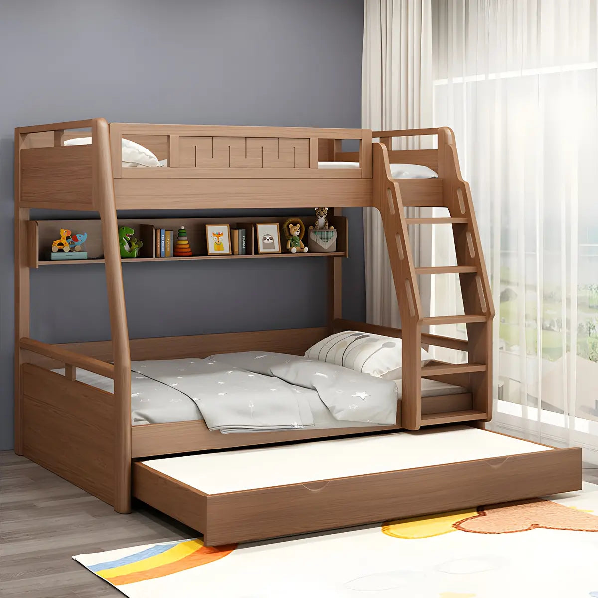 Solid Wood Natural Finish Lift Up Storage Bunk Bed Image - 6