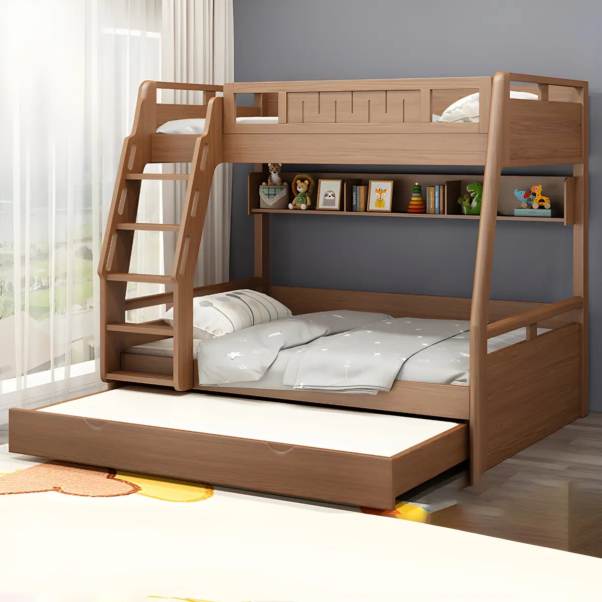 Solid Wood Natural Finish Lift Up Storage Bunk Bed Image - 7