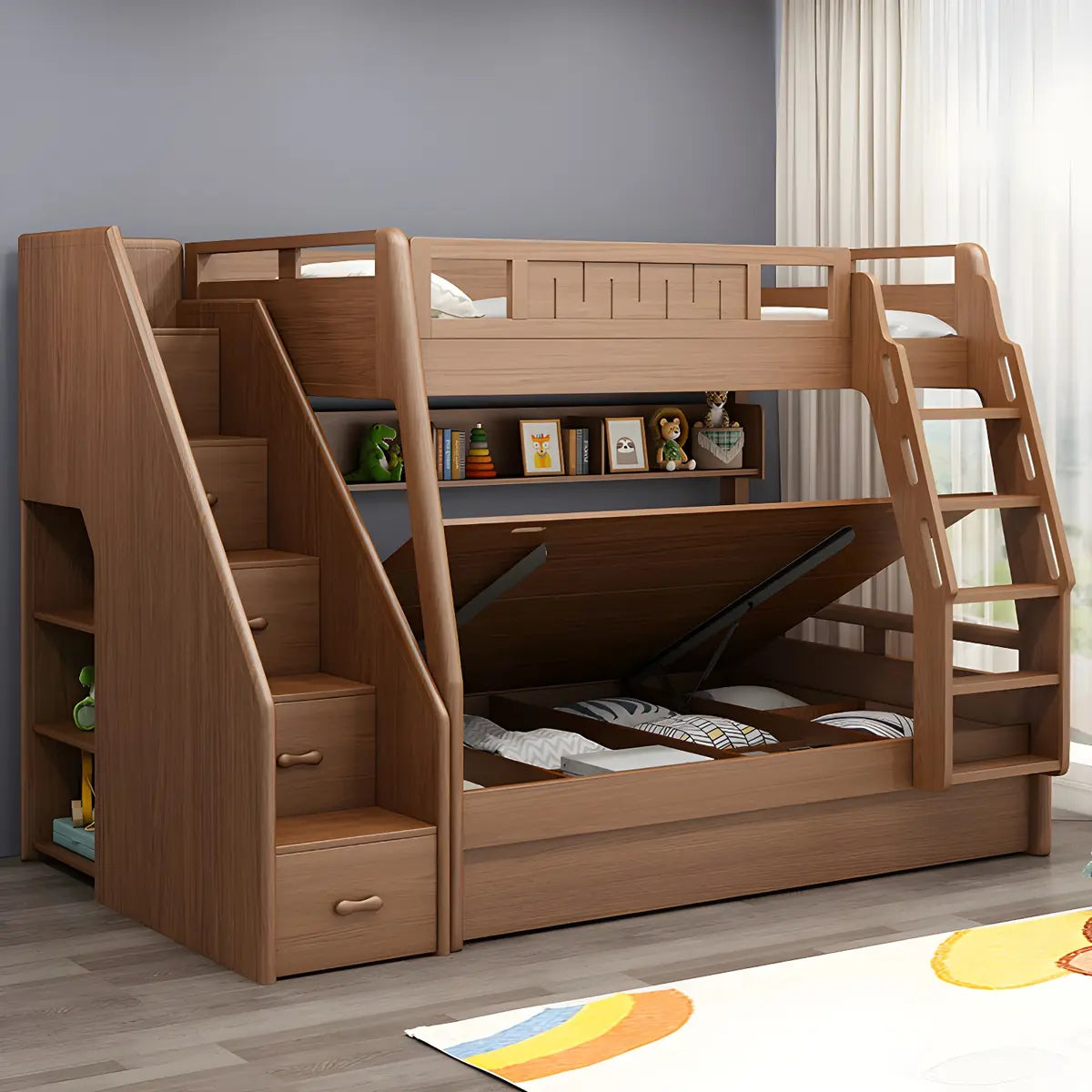 Solid Wood Natural Finish Lift Up Storage Bunk Bed Image - 8