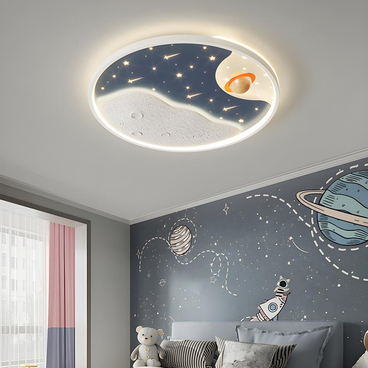 Space Astronaut Blue Round Flush Mount Light Kids Room Image - 1