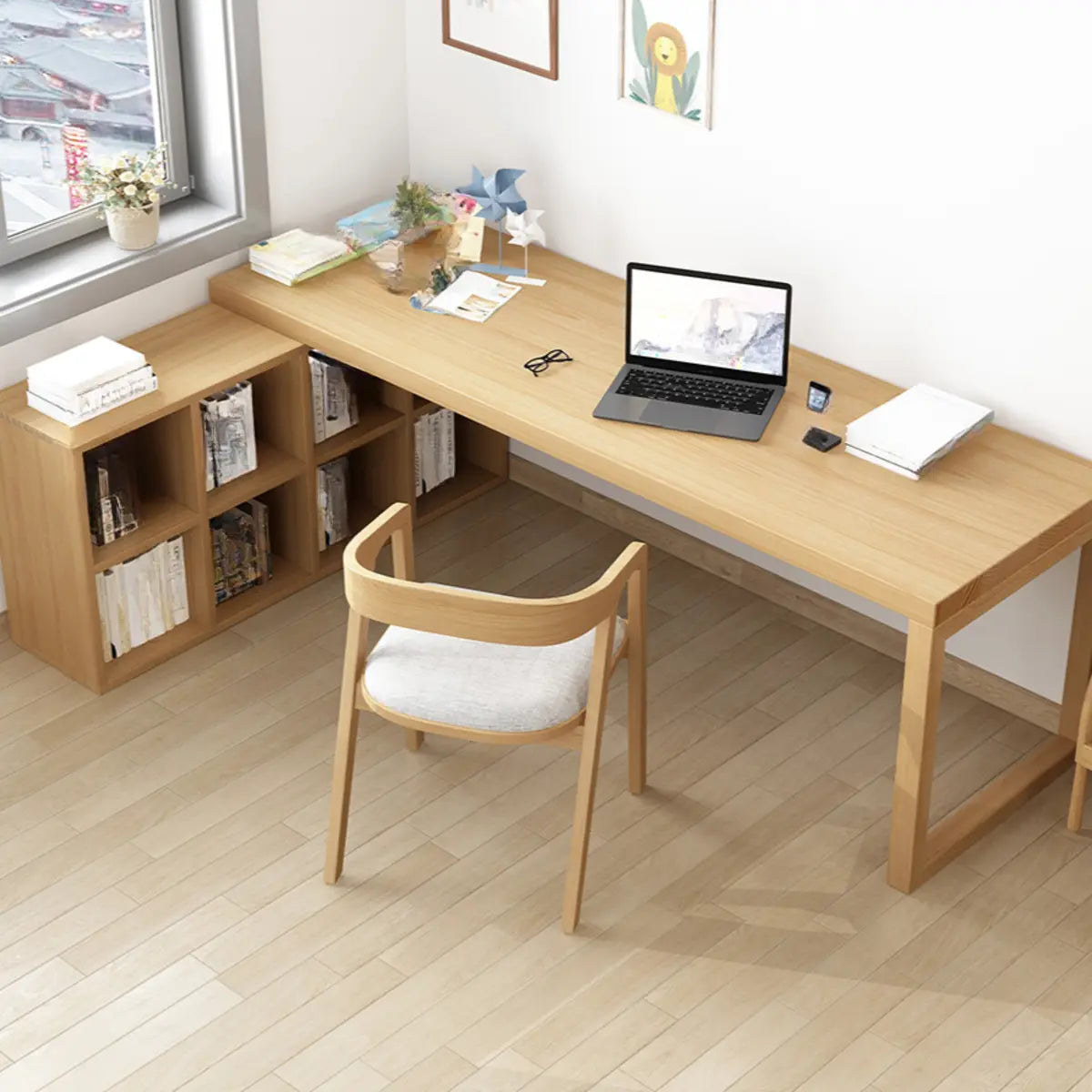 Spacious Wooden Exterior Shelf L-Shaped Writing Desk Image - 1