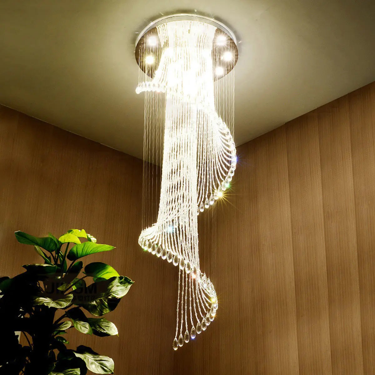 Spiral Crystal Beads Clear Steel Long Foyer Chandelier Image - 1