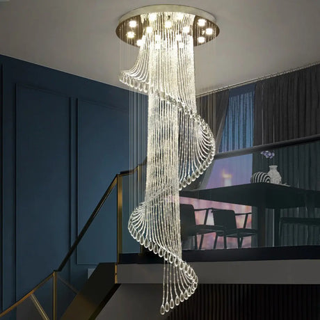 Spiral Crystal Beads Clear Steel Long Foyer Chandelier Image - 2