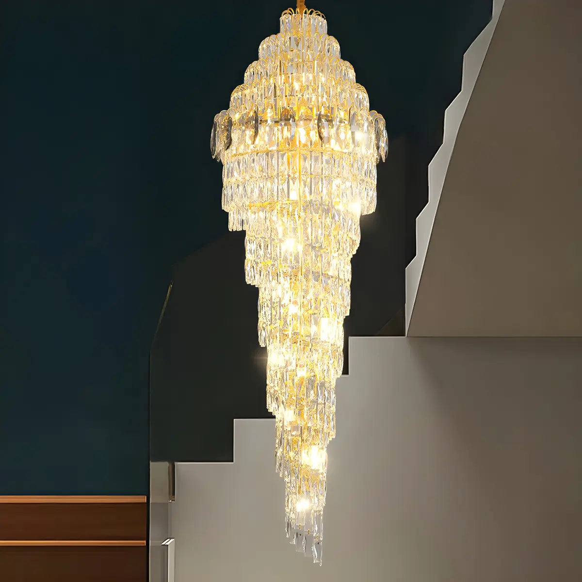 Spiral Crystal Gold Metal High Ceiling Foyer Chandelier Image - 2