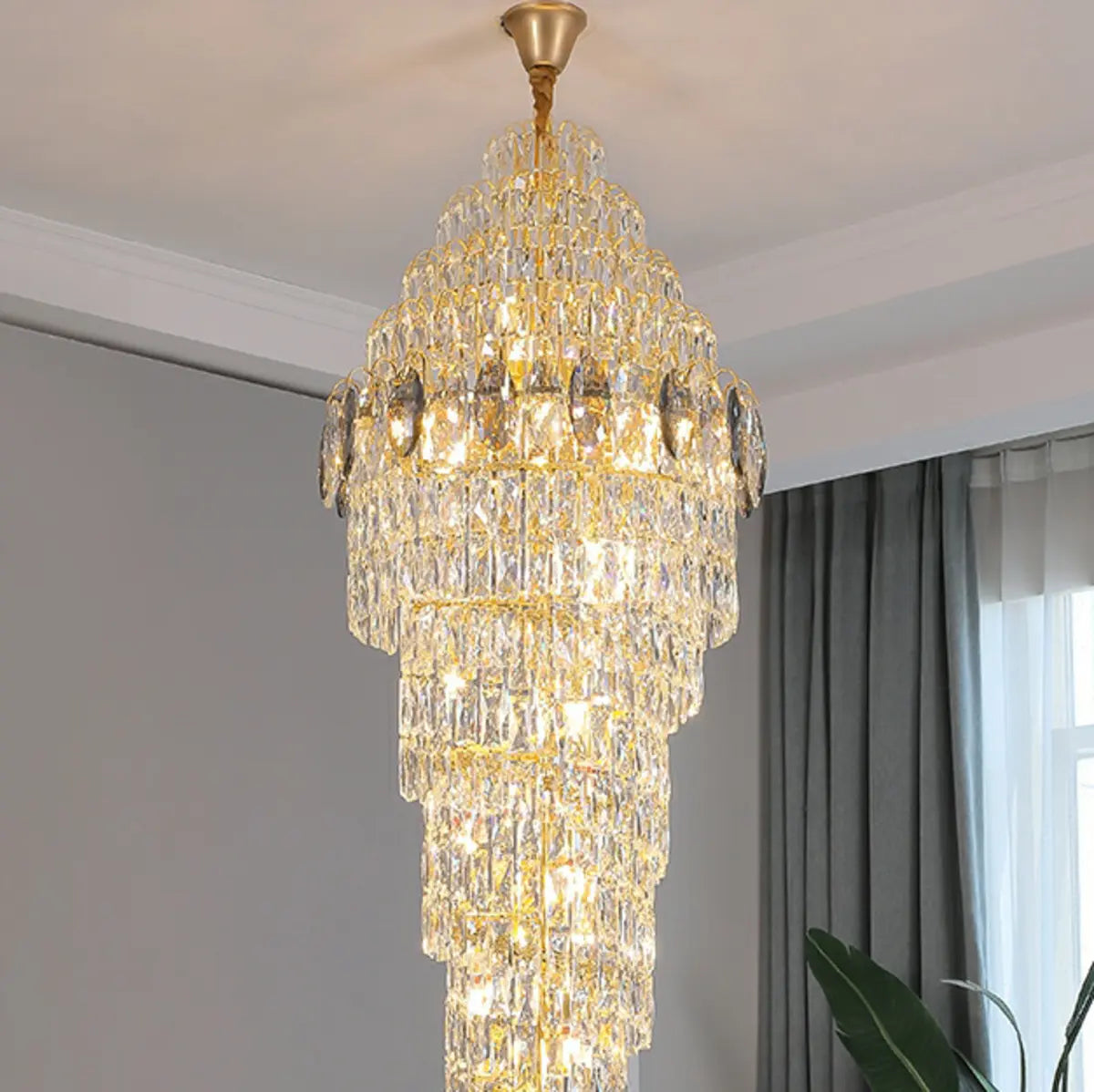 Spiral Crystal Gold Metal High Ceiling Foyer Chandelier Image - 3