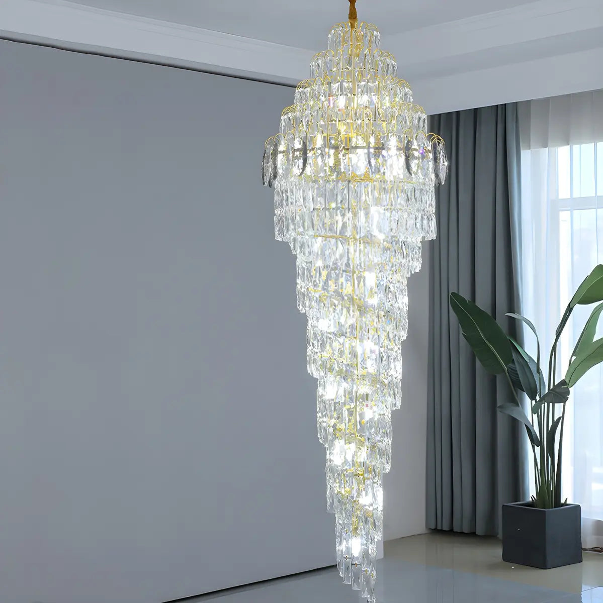 Spiral Crystal Gold Metal High Ceiling Foyer Chandelier Image - 4