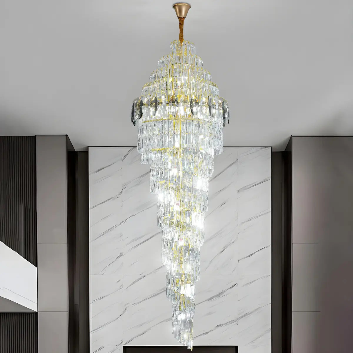 Spiral Crystal Gold Metal High Ceiling Foyer Chandelier Image - 5