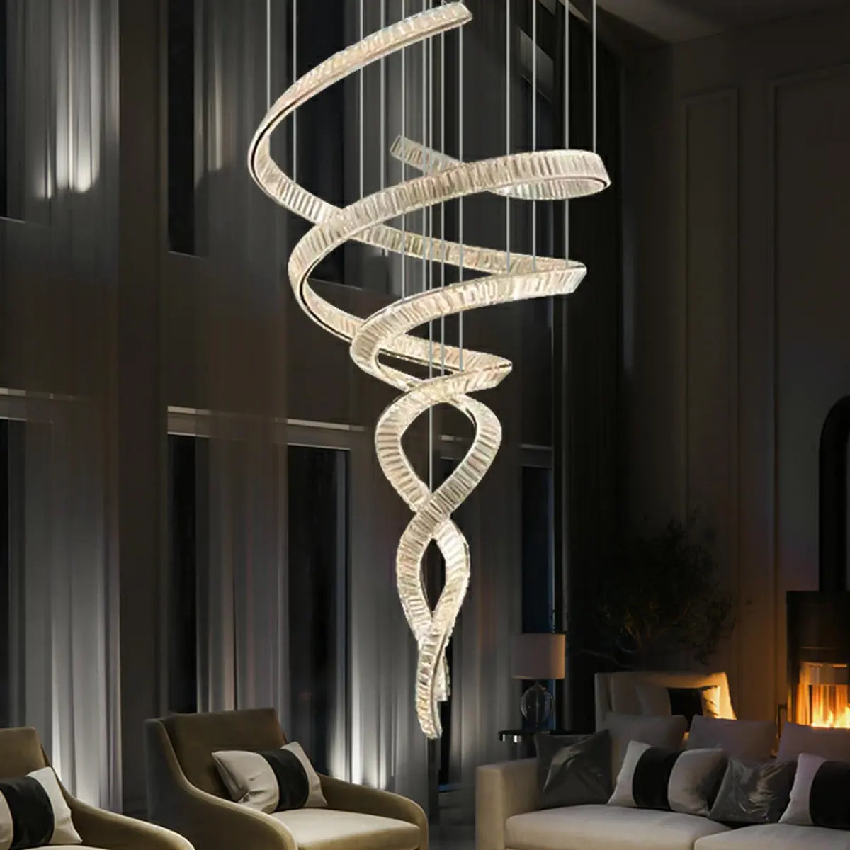 Spiral LED Crystal Silver High Ceiling Foyer Chandelier Image - 1