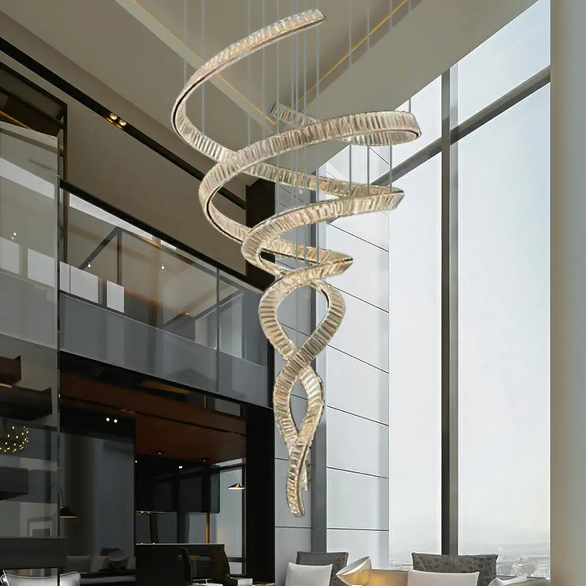 Spiral LED Crystal Silver High Ceiling Foyer Chandelier Image - 3