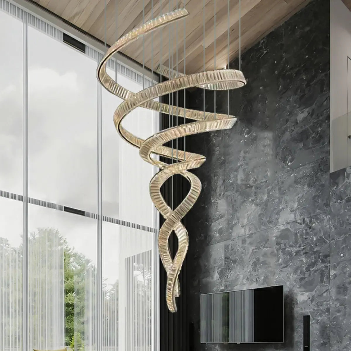 Spiral LED Crystal Silver High Ceiling Foyer Chandelier Image - 5