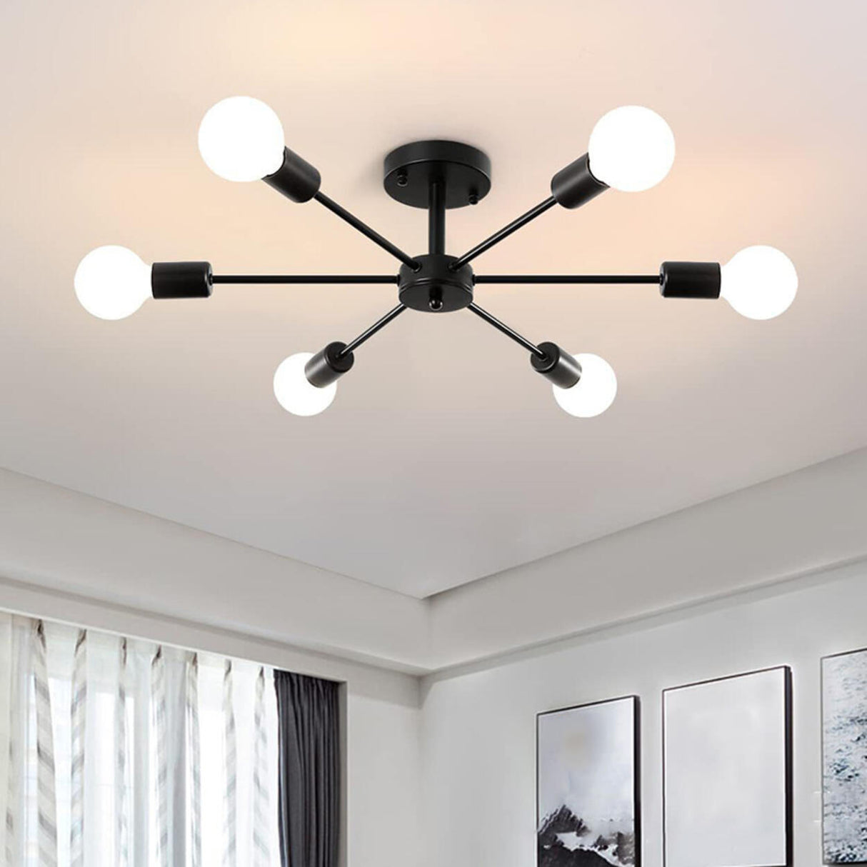 Sputnik Black Semi-Flush Mount Ceiling Light 6-Light Image - 4