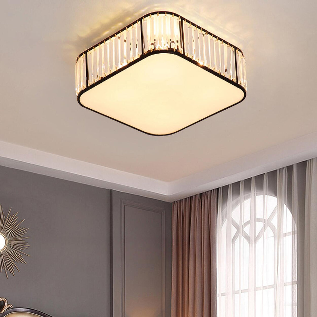 Square Black Gold Crystal Semi-Flush Mount Ceiling Lamp Image - 17