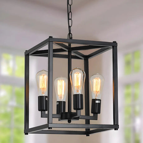 Square Black Metal Dining Room Edison Bulb Chandelier Image - 1